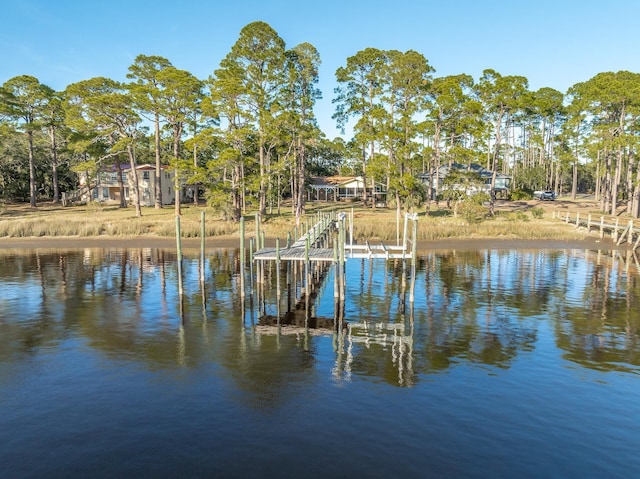 view of water feature with a dock