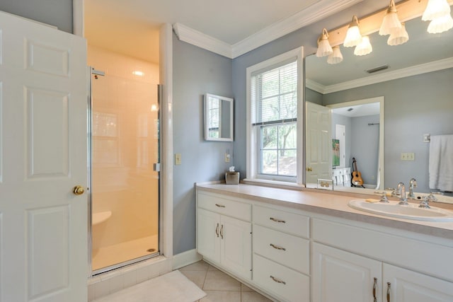 3690 Dexter Dr, Tallahassee, FL 32312 - full bathroom with a stall shower, tile patterned floors, vanity, and crown molding