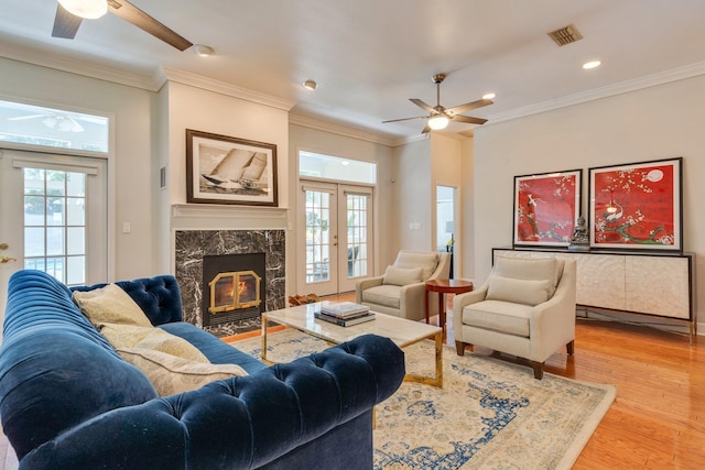 3690 Dexter Dr, Tallahassee, FL 32312 - living area with ceiling fan, light wood-style flooring, french doors, crown molding, and recessed lighting