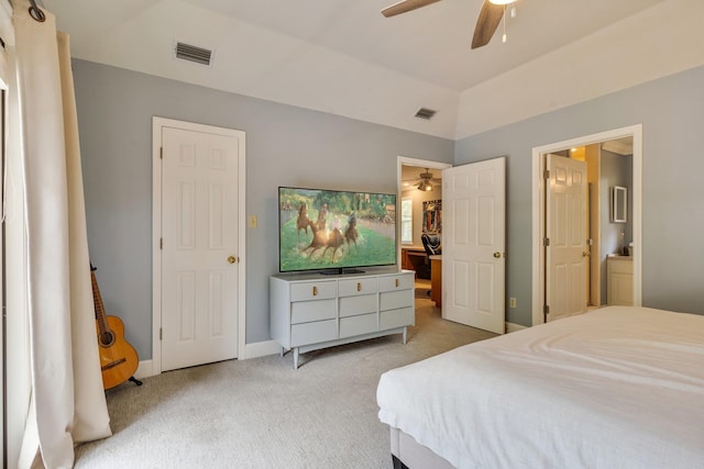 3690 Dexter Dr, Tallahassee, FL 32312 - bedroom with light carpet, lofted ceiling, ensuite bath, and ceiling fan