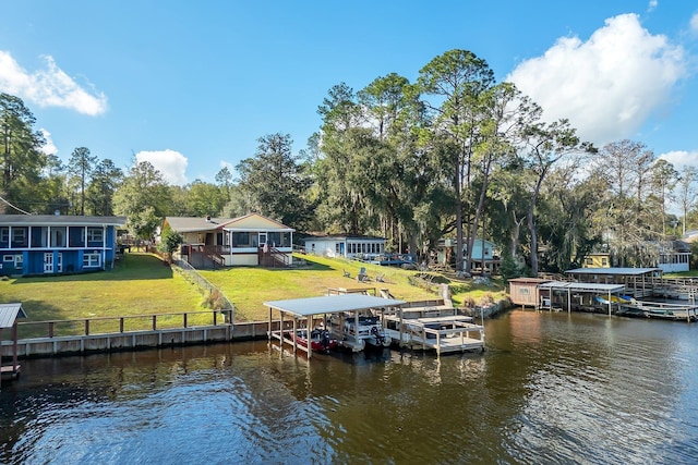 dock area featuring a water view and a yard