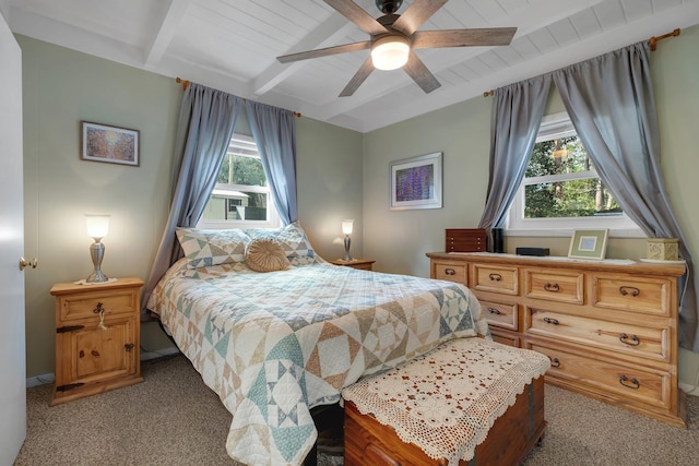 bedroom with beamed ceiling, ceiling fan, carpet flooring, and multiple windows