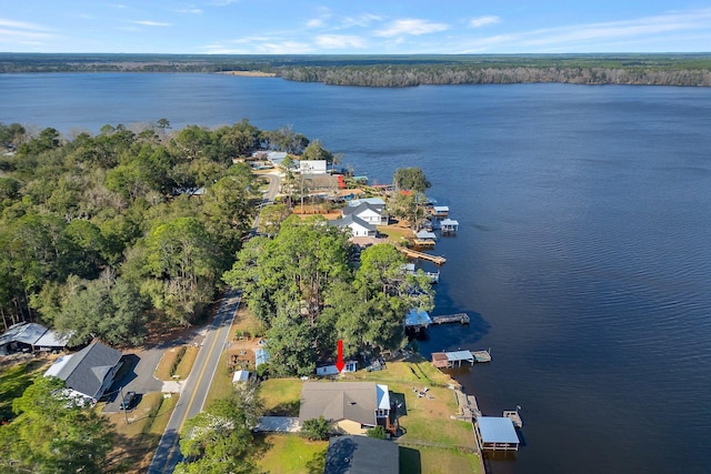 birds eye view of property featuring a water view