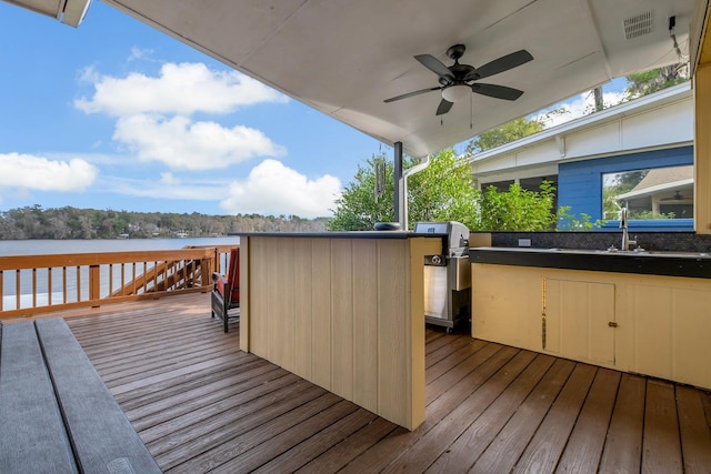 deck featuring sink, ceiling fan, and a water view