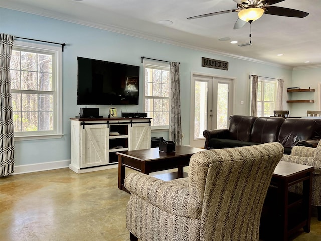 living room featuring crown molding, ceiling fan, and french doors