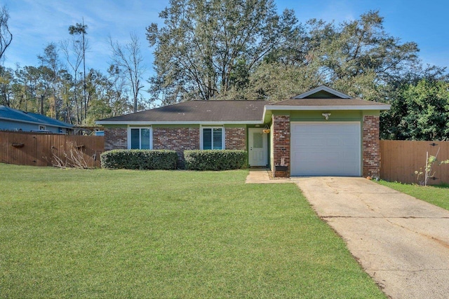 ranch-style house with a garage and a front lawn