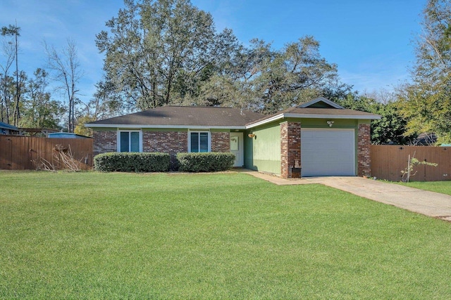 ranch-style home with a garage and a front lawn