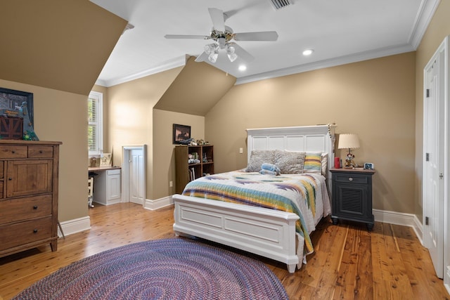 bedroom featuring recessed lighting, light wood-style floors, ceiling fan, crown molding, and baseboards