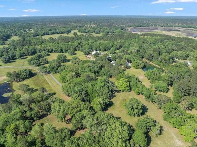 drone / aerial view featuring a wooded view