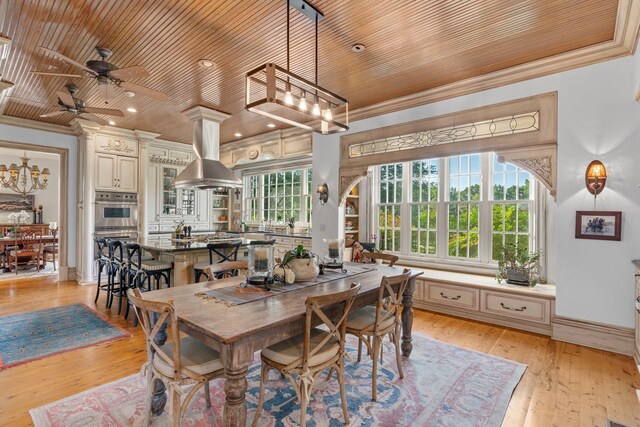 dining room with crown molding, light wood finished floors, and wood ceiling