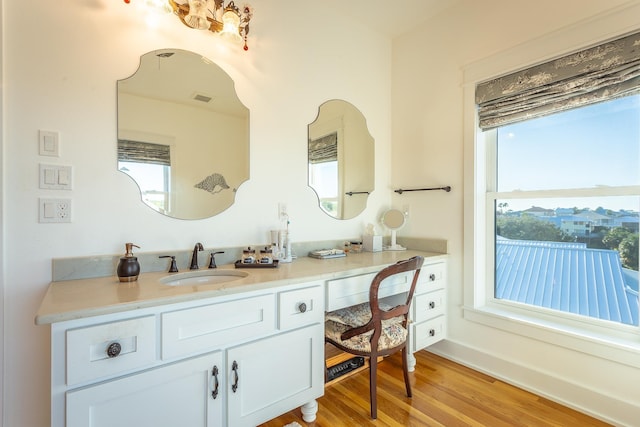 bathroom with hardwood / wood-style floors, vanity, and a wealth of natural light