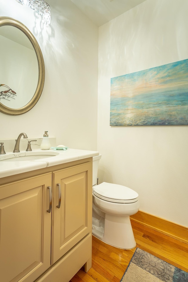 bathroom with vanity, toilet, and wood-type flooring