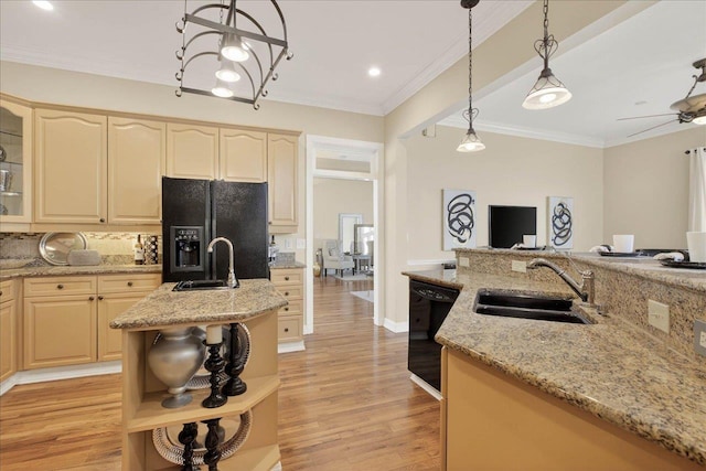 7502 Refuge Rd, Tallahassee, FL 32312 - kitchen featuring black appliances, tasteful backsplash, light wood-style floors, pendant lighting, and crown molding