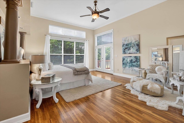 7502 Refuge Rd, Tallahassee, FL 32312 - bedroom with access to outside, crown molding, wood finished floors, and decorative columns