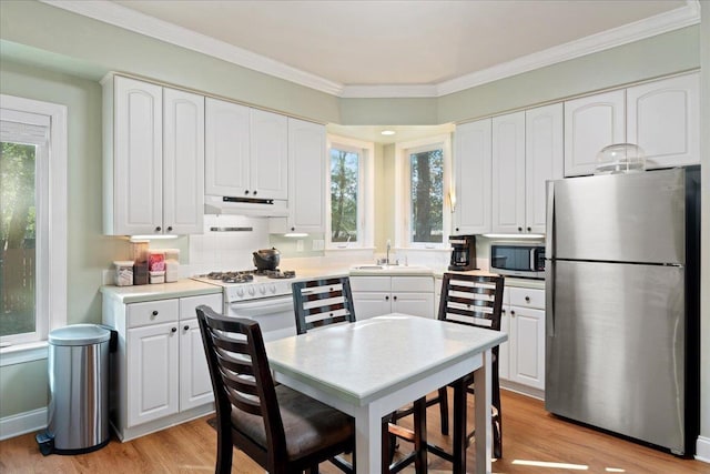 231 Sheline Dr, Havana, FL 32333 - kitchen featuring appliances with stainless steel finishes, a sink, under cabinet range hood, white cabinetry, and crown molding