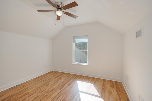 bonus room with light hardwood / wood-style flooring, ceiling fan, and lofted ceiling