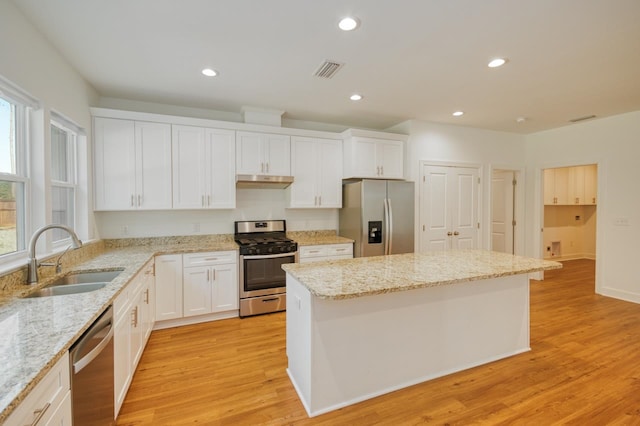 kitchen with white cabinetry, sink, light hardwood / wood-style flooring, and appliances with stainless steel finishes