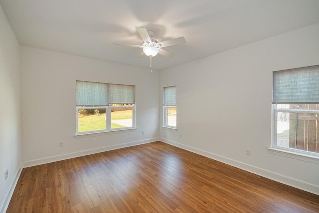 empty room with hardwood / wood-style flooring, plenty of natural light, and ceiling fan