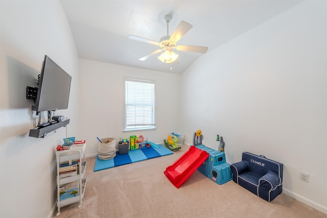 1842 Acorn Ridge Trl, Tallahassee, FL 32312 - playroom featuring carpet flooring, ceiling fan, baseboards, and vaulted ceiling
