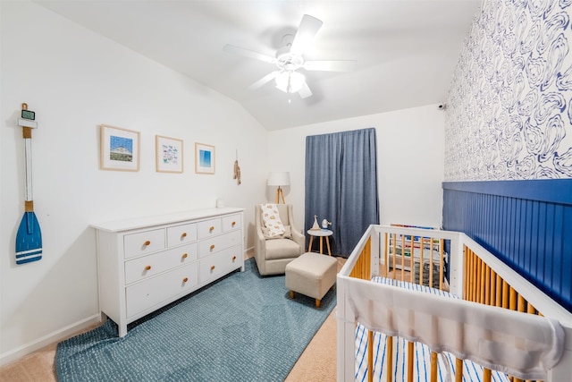 1842 Acorn Ridge Trl, Tallahassee, FL 32312 - carpeted bedroom featuring a nursery area, vaulted ceiling, baseboards, and a ceiling fan