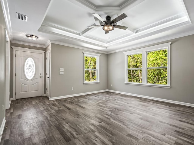 entryway with ornamental molding, coffered ceiling, and dark hardwood / wood-style floors