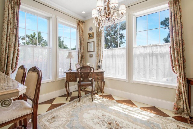 2460 Canopy Ln, Perry, FL 32347 - living area with a chandelier, baseboards, ornamental molding, and tile patterned floors