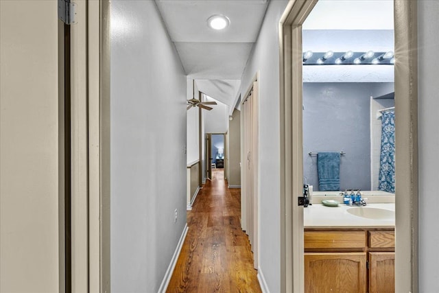 corridor featuring sink and dark wood-type flooring