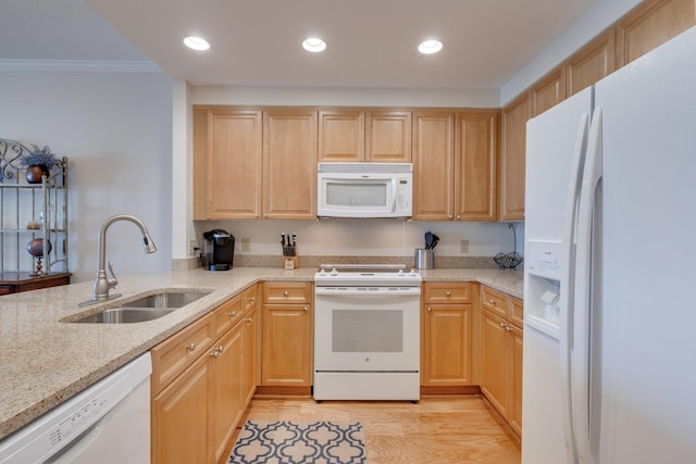 121 N Monroe St Unit 1103, Tallahassee, FL 32301 - kitchen featuring white appliances, light brown cabinets, ornamental molding, light stone countertops, and light wood-type flooring