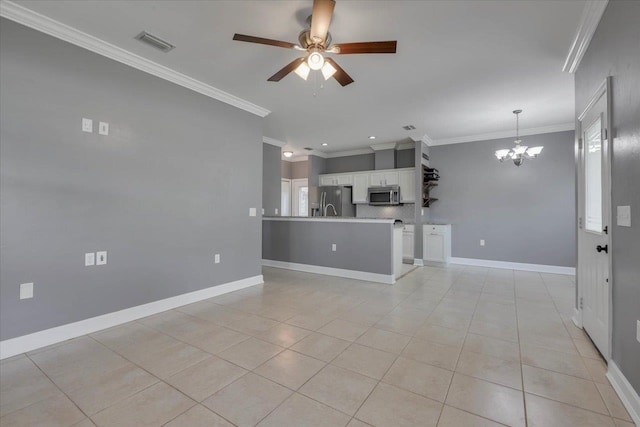 1224 Athens Ct, Tallahassee, FL 32305 - unfurnished living room featuring ceiling fan, a chandelier, light tile patterned floors, ornamental molding, and baseboards