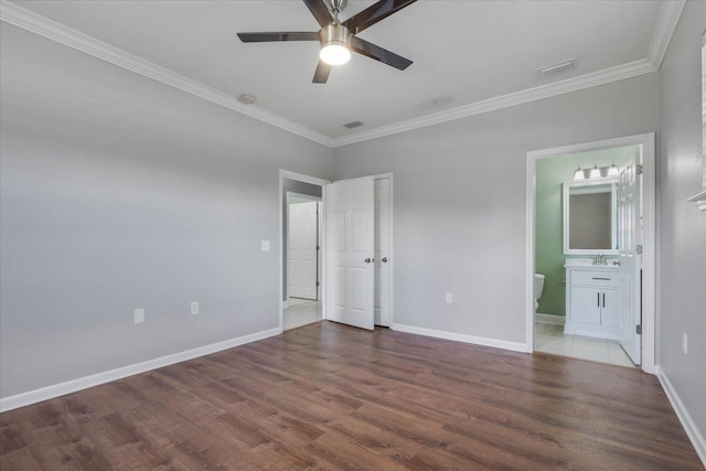 1224 Athens Ct, Tallahassee, FL 32305 - unfurnished bedroom featuring crown molding, wood finished floors, baseboards, ensuite bathroom, and a ceiling fan