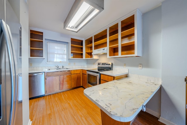 kitchen featuring kitchen peninsula, sink, stainless steel appliances, and light hardwood / wood-style flooring