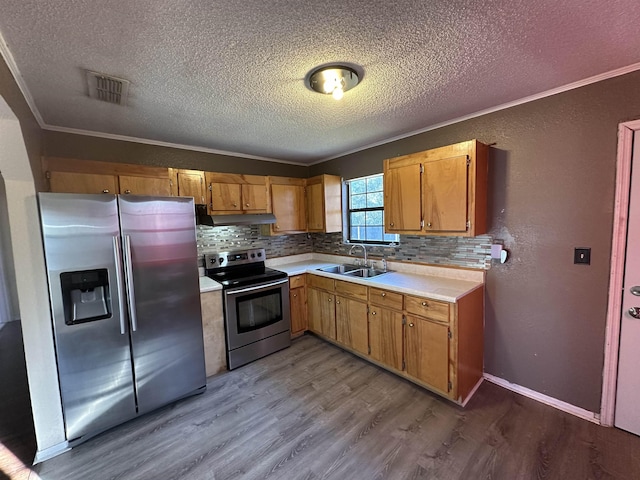 kitchen featuring sink, hardwood / wood-style floors, stainless steel appliances, tasteful backsplash, and ornamental molding