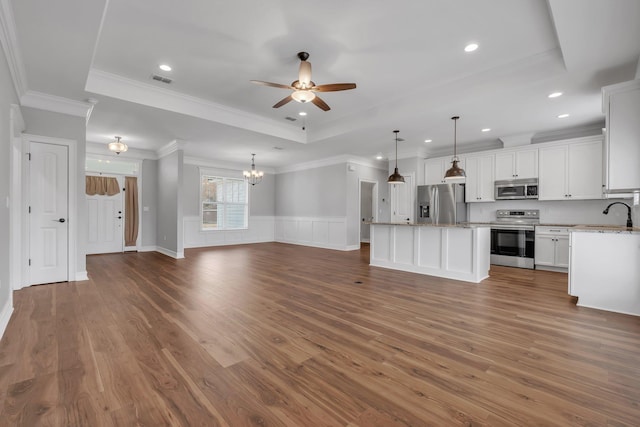 kitchen with a tray ceiling, a kitchen island, white cabinets, and appliances with stainless steel finishes