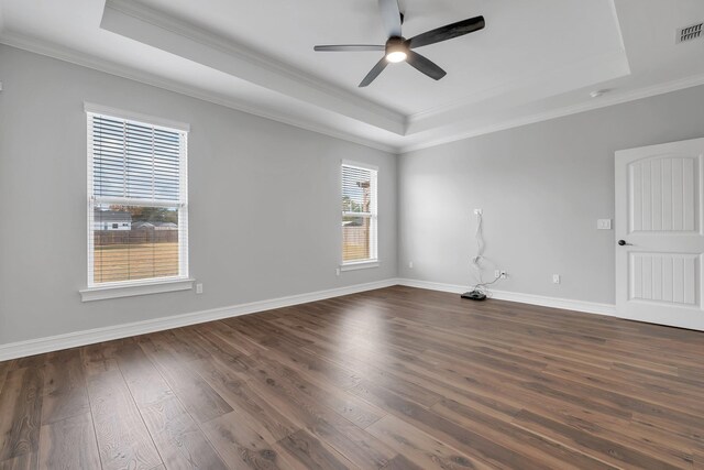 unfurnished room featuring dark hardwood / wood-style flooring, a raised ceiling, and a healthy amount of sunlight