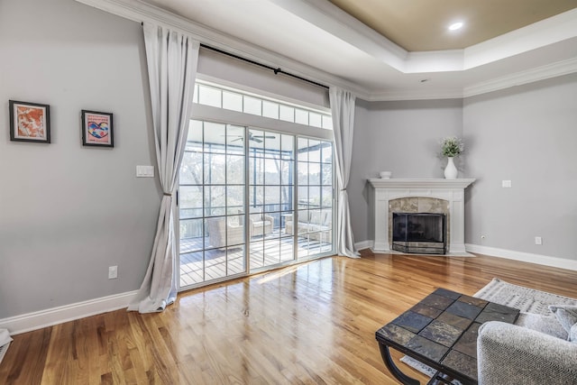 832 Eagle View Dr, Tallahassee, FL 32311 - living area featuring a high end fireplace, wood finished floors, baseboards, ornamental molding, and a raised ceiling