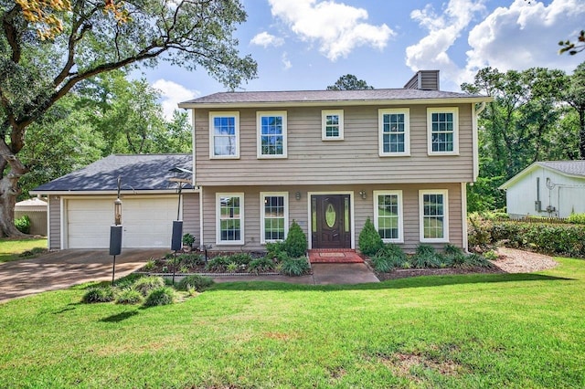 2903 Whirlaway Trl, Tallahassee, FL 32309 - colonial house featuring an attached garage, a chimney, driveway, and a front lawn