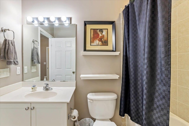 full bathroom with toilet, vanity, and shower / bathtub combination with curtain