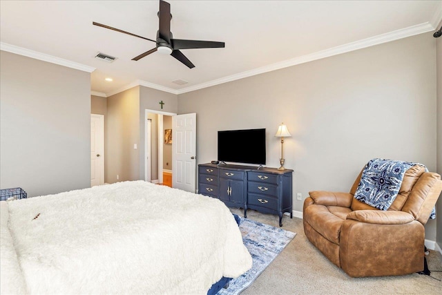 bedroom featuring ceiling fan, light colored carpet, and crown molding