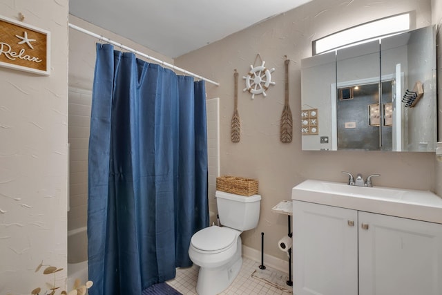 full bathroom with toilet, vanity, shower / bath combo with shower curtain, and tile patterned floors