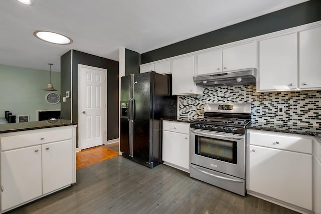 kitchen with dark wood-type flooring, white cabinets, black fridge with ice dispenser, stainless steel gas range, and decorative light fixtures