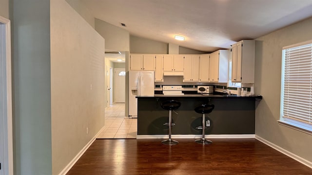 4417 Siesta Ct, Tallahassee, FL 32309 - kitchen with white appliances, lofted ceiling, dark countertops, a peninsula, and white cabinets