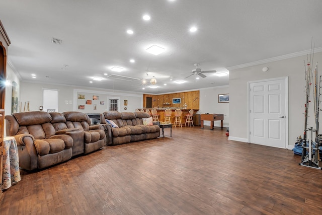 2875 Cooks Landing Rd, Quincy, FL 32351 - living room with recessed lighting, a ceiling fan, ornamental molding, dark wood-style flooring, and attic access