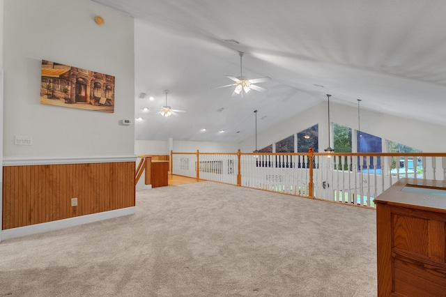 2875 Cooks Landing Rd, Quincy, FL 32351 - unfurnished room featuring a ceiling fan, light carpet, high vaulted ceiling, and a wainscoted wall