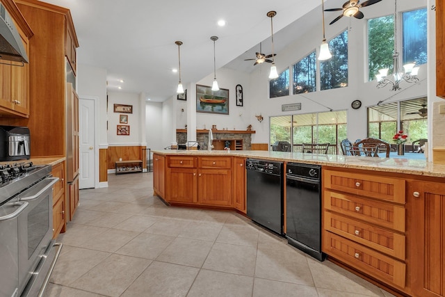 2875 Cooks Landing Rd, Quincy, FL 32351 - kitchen with black dishwasher, ceiling fan, stainless steel range oven, ventilation hood, and a wainscoted wall