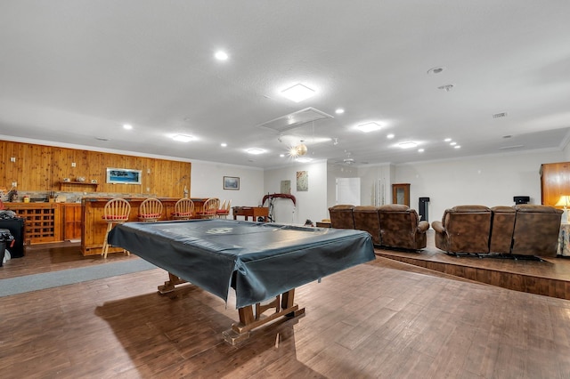 2875 Cooks Landing Rd, Quincy, FL 32351 - playroom with attic access, billiards, wood finished floors, recessed lighting, and crown molding