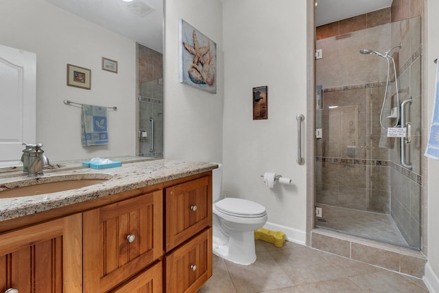 2875 Cooks Landing Rd, Quincy, FL 32351 - bathroom featuring vanity, a shower stall, toilet, tile patterned flooring, and baseboards