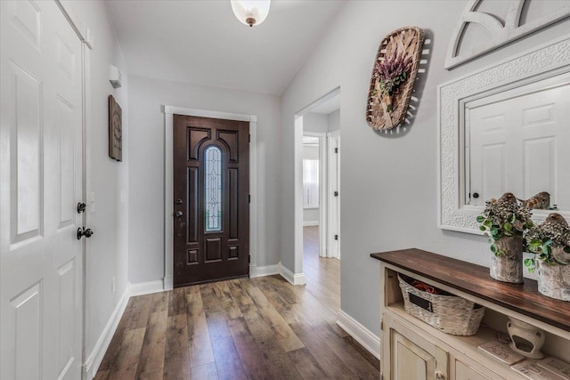 entryway featuring dark hardwood / wood-style flooring and lofted ceiling