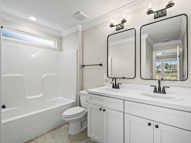 full bathroom with toilet, vanity, crown molding, and  shower combination