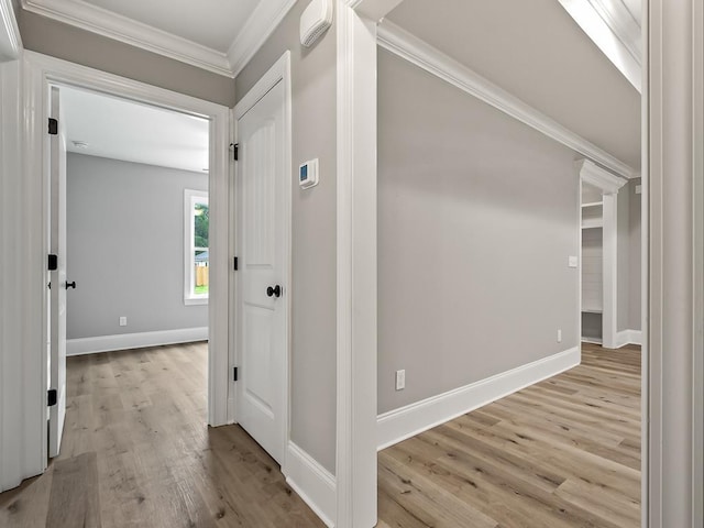 corridor with light hardwood / wood-style flooring and ornamental molding