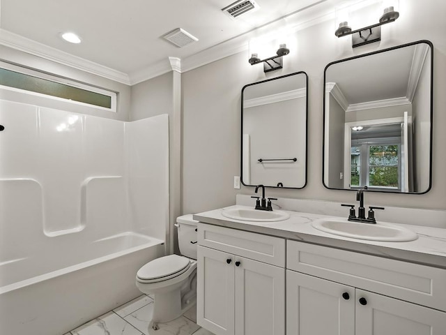 full bathroom featuring vanity,  shower combination, toilet, and crown molding